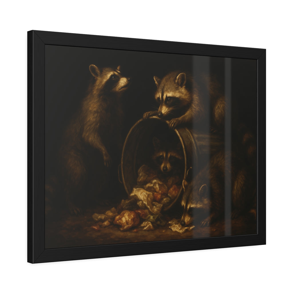 Four raccoons around a tipped metal trash can spilling food scraps. The Crowning with Crumbs by Garabaggio, framed fine art print hanging in a room.