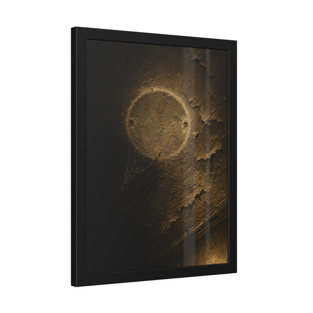 A pale ring and two screw holes on a peeling ceiling where a detector was. The Circle on the Ceiling by Garabaggio, framed fine art print hanging in a room.