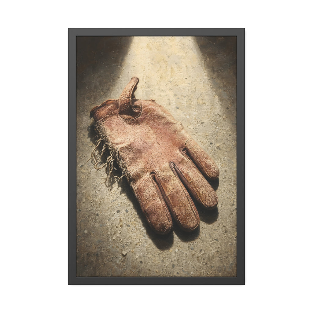 A cracked leather work glove lying on bright sunlit concrete. The Bleaching, Study of a Sun-Tired Glove by Garabaggio, framed fine art print hanging in a room.