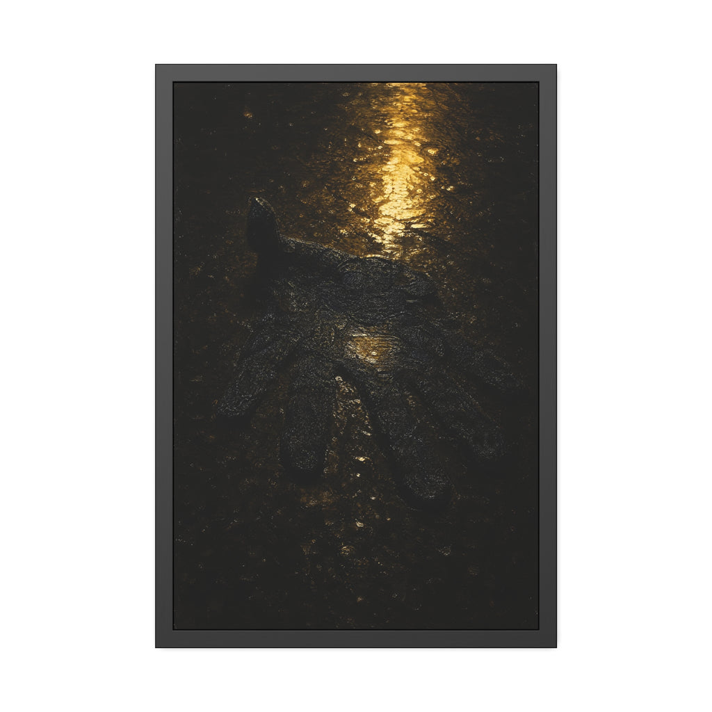 A flattened black glove pressed into wet asphalt beside a light streak. The Flattening, Study No. 1 by Garabaggio, framed fine art print hanging in a room.