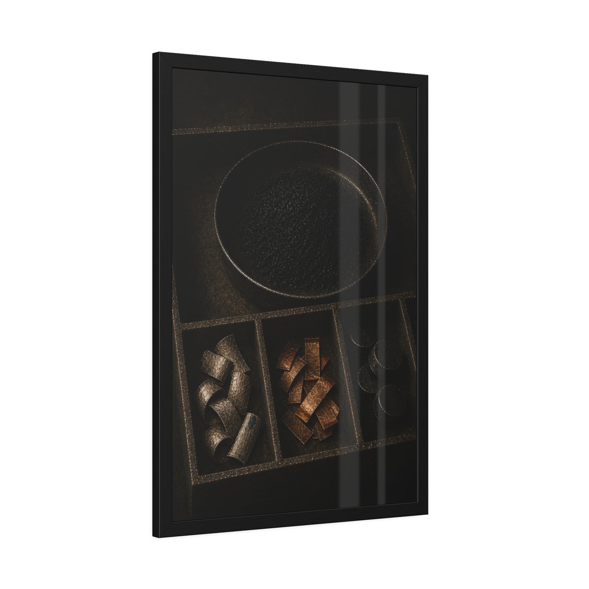 Sorted battery parts in a divided tray, metal strips, cells and powder. The Separation of Metals by Garabaggio, framed fine art print hanging in a room.