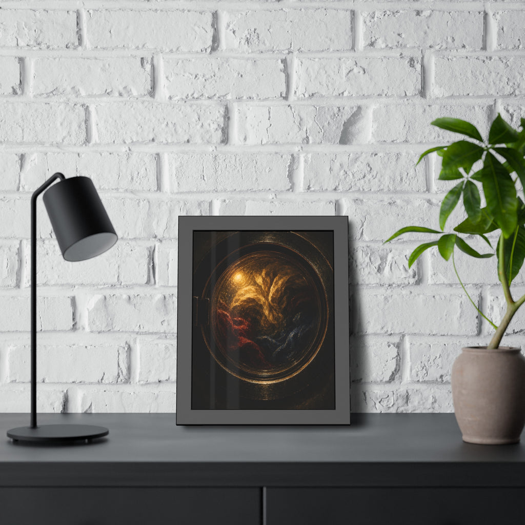 Colored laundry tumbling behind a round washer window in the dark. The Rose Window Turning by Garabaggio, framed fine art print hanging in a room.
