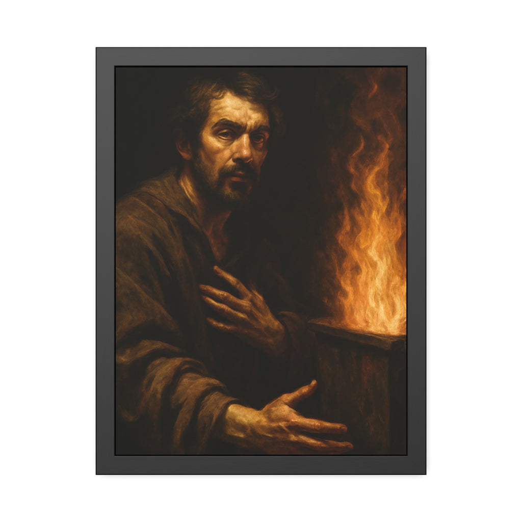 Bearded man with a hand on his chest beside flames rising from a bin. Self-Portrait as a Penitent by Garabaggio, framed fine art print hanging in a room.