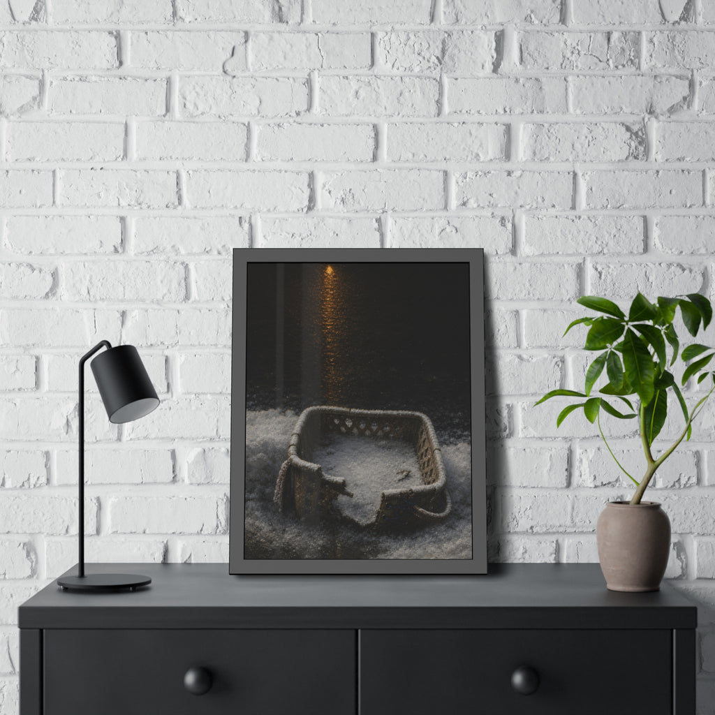 A cracked laundry basket half buried in snow under a distant lamp. The First Snow by Garabaggio, framed fine art print hanging in a room.