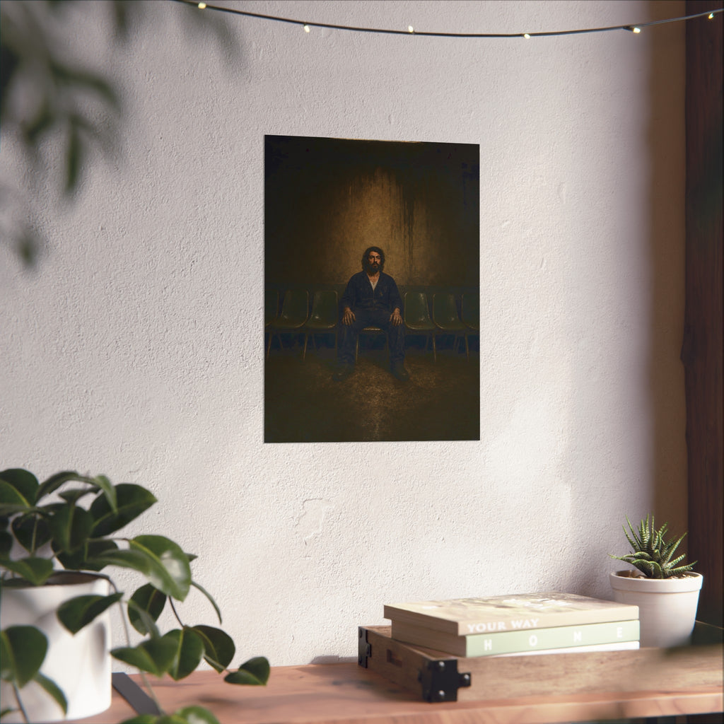 A man sits in the middle of a row of empty chairs under a wall light. Garabaggio Takes the Middle Chair by Garabaggio, fine art print hanging in a room.