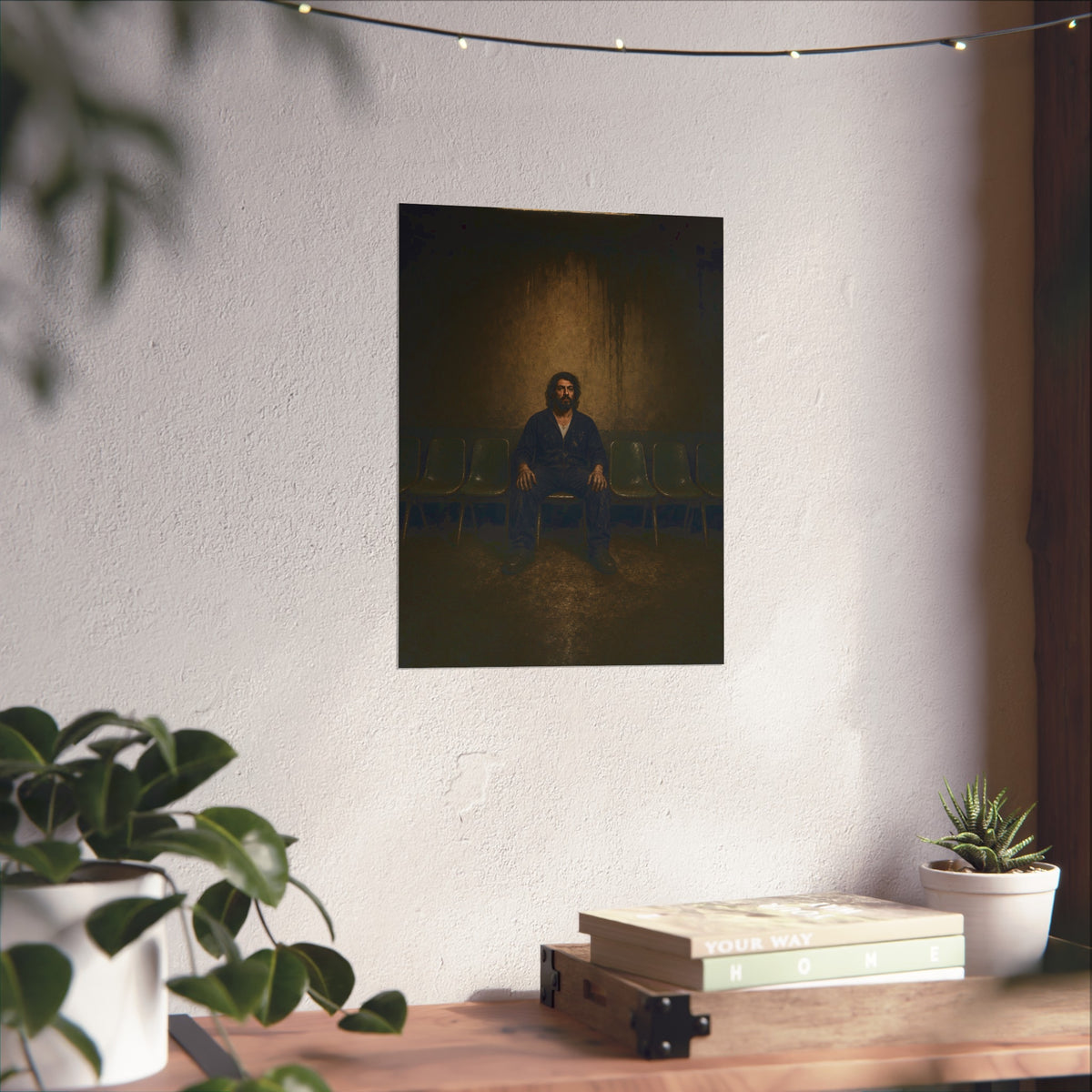A man sits in the middle of a row of empty chairs under a wall light. Garabaggio Takes the Middle Chair by Garabaggio, fine art print hanging in a room.