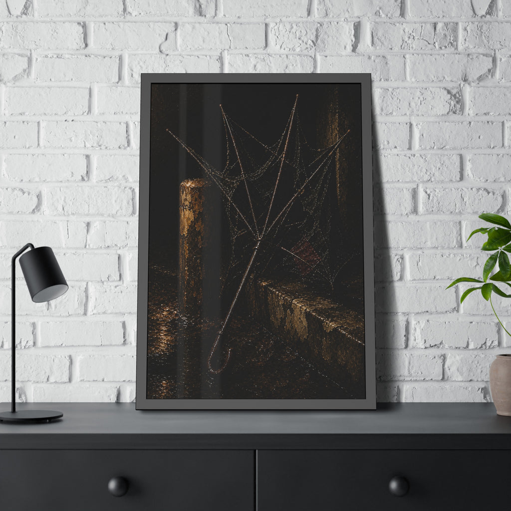 A broken umbrella with torn fabric leaning against a post on a wet curb. The Crown of Ribs by Garabaggio, framed fine art print hanging in a room.