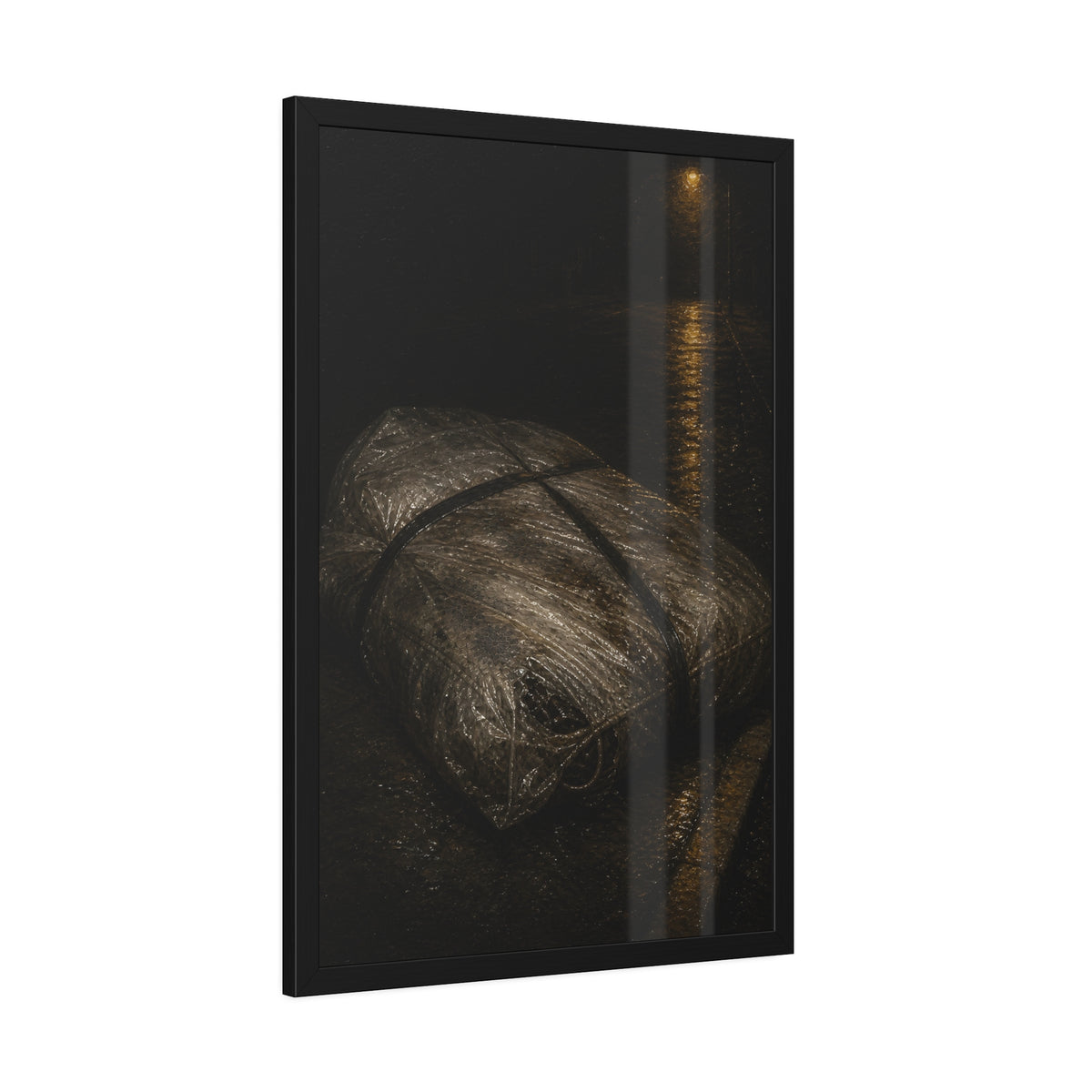 A mattress wrapped in plastic and strapped shut on a wet night street. The Municipal Shroud by Garabaggio, framed fine art print hanging in a room.