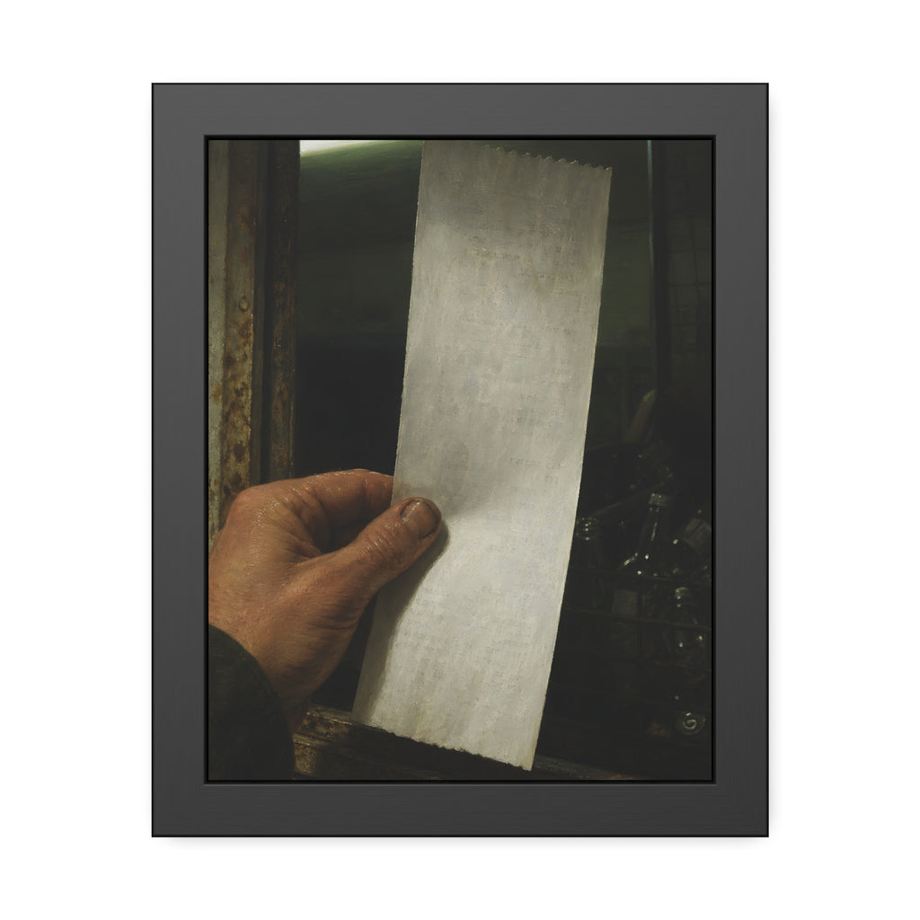 A hand holding a blank slip at a rusted counter window, bottles behind. The Receipt of Absolution by Garabaggio, framed fine art print, 11″ x 14″.