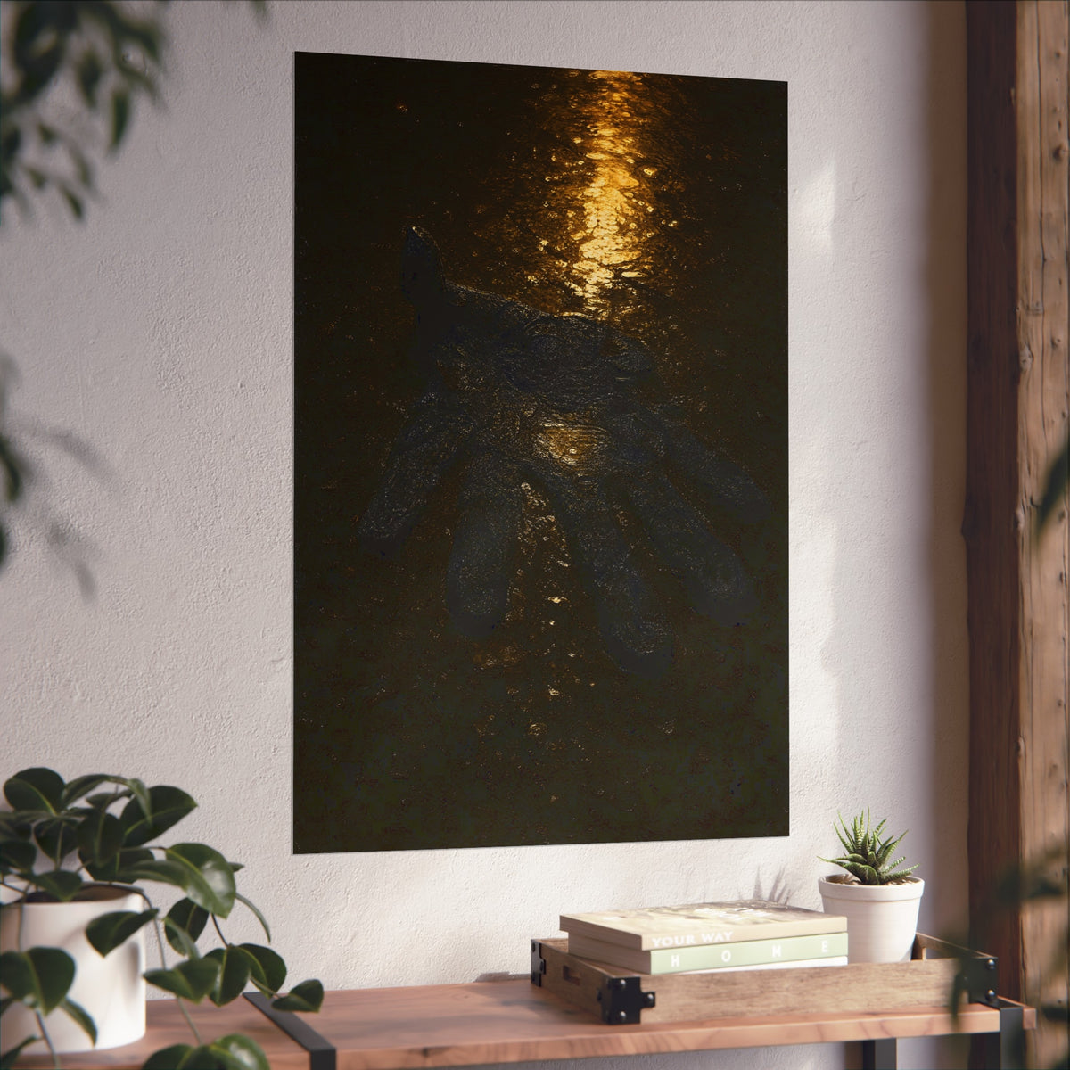 A flattened black glove pressed into wet asphalt beside a light streak. The Flattening, Study No. 1 by Garabaggio, fine art print hanging in a room.