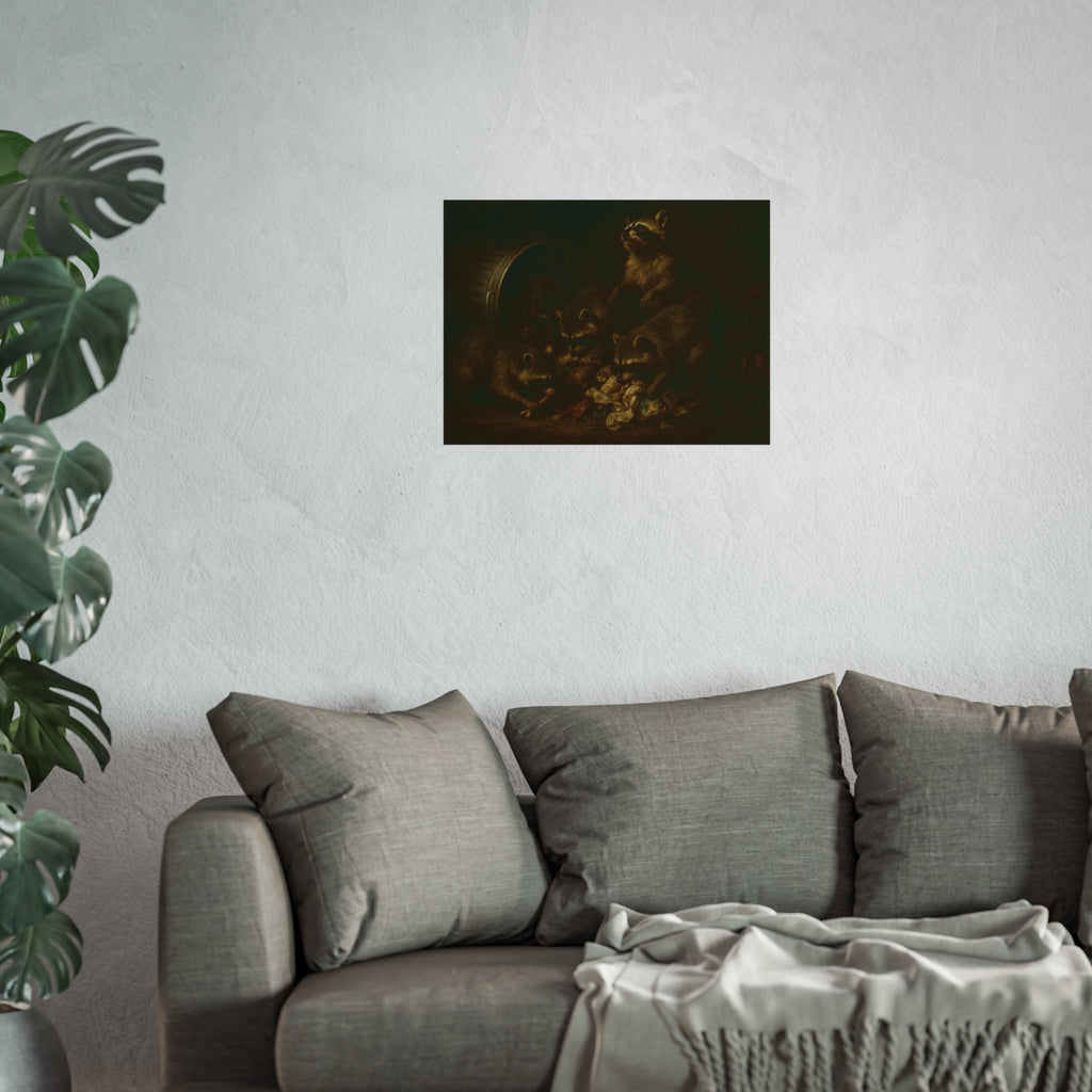 Five raccoons around a toppled metal trash can and spilled scraps. The Entombment of the Garbage by Garabaggio, fine art print hanging in a room.