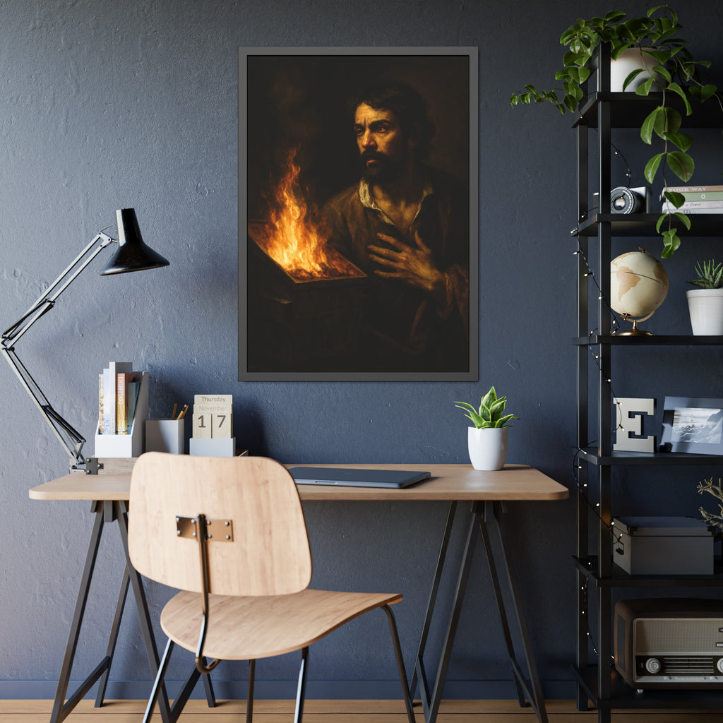 Man with a hand flat on his chest looking toward a low burning bin. Self-Portrait with Oath by Garabaggio, framed fine art print hanging in a room.