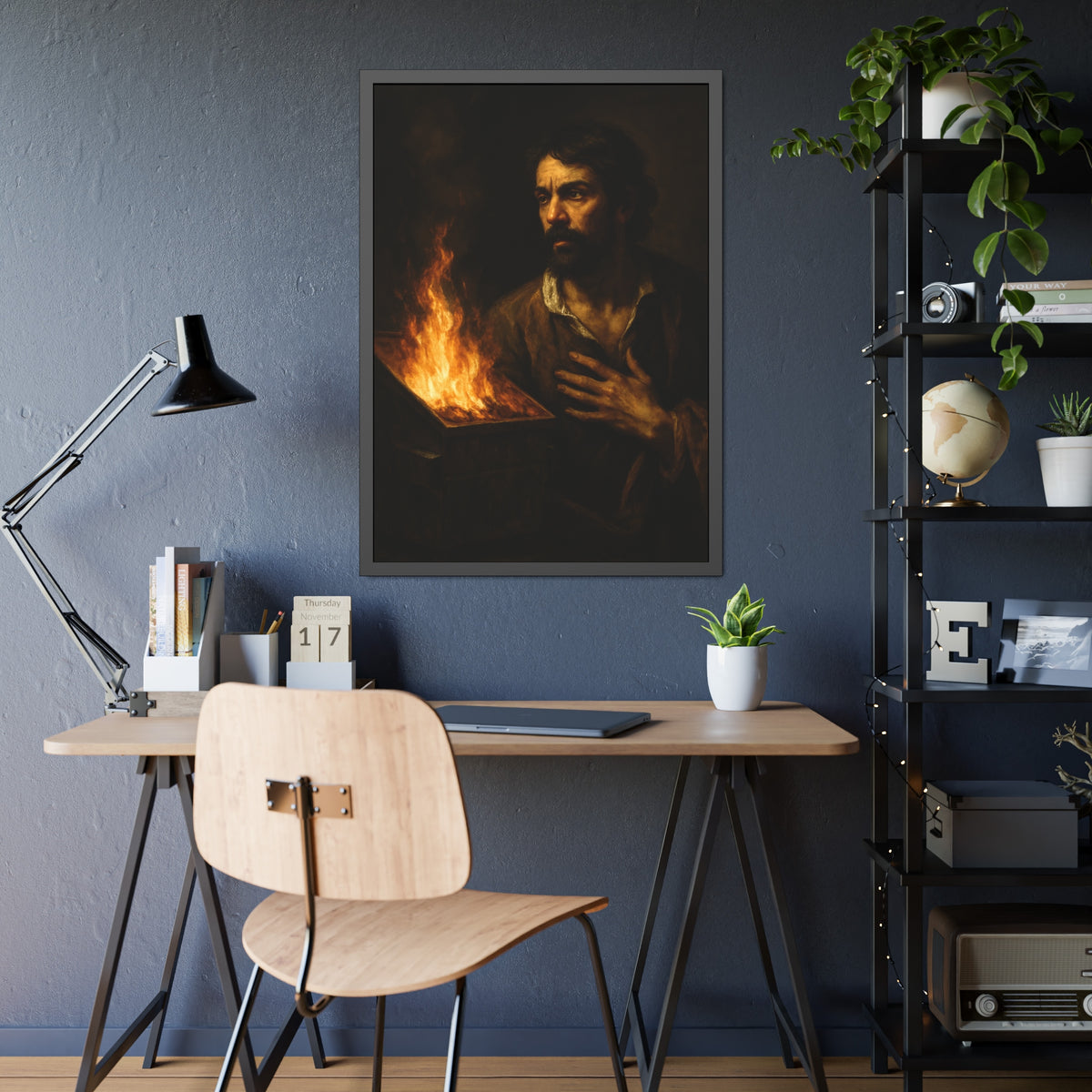 Man with a hand flat on his chest looking toward a low burning bin. Self-Portrait with Oath by Garabaggio, framed fine art print hanging in a room.