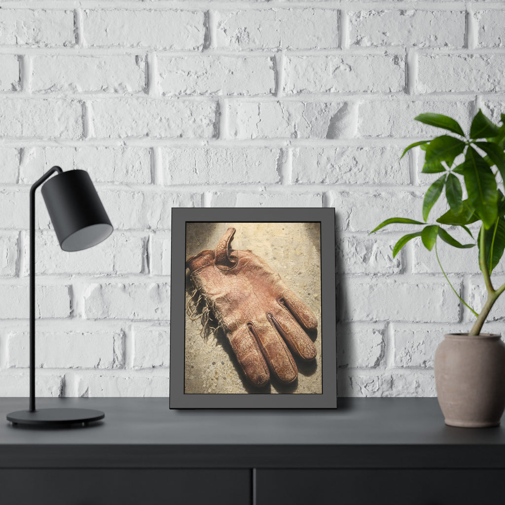 A cracked leather work glove lying on bright sunlit concrete. The Bleaching, Study of a Sun-Tired Glove by Garabaggio, framed fine art print hanging in a room.