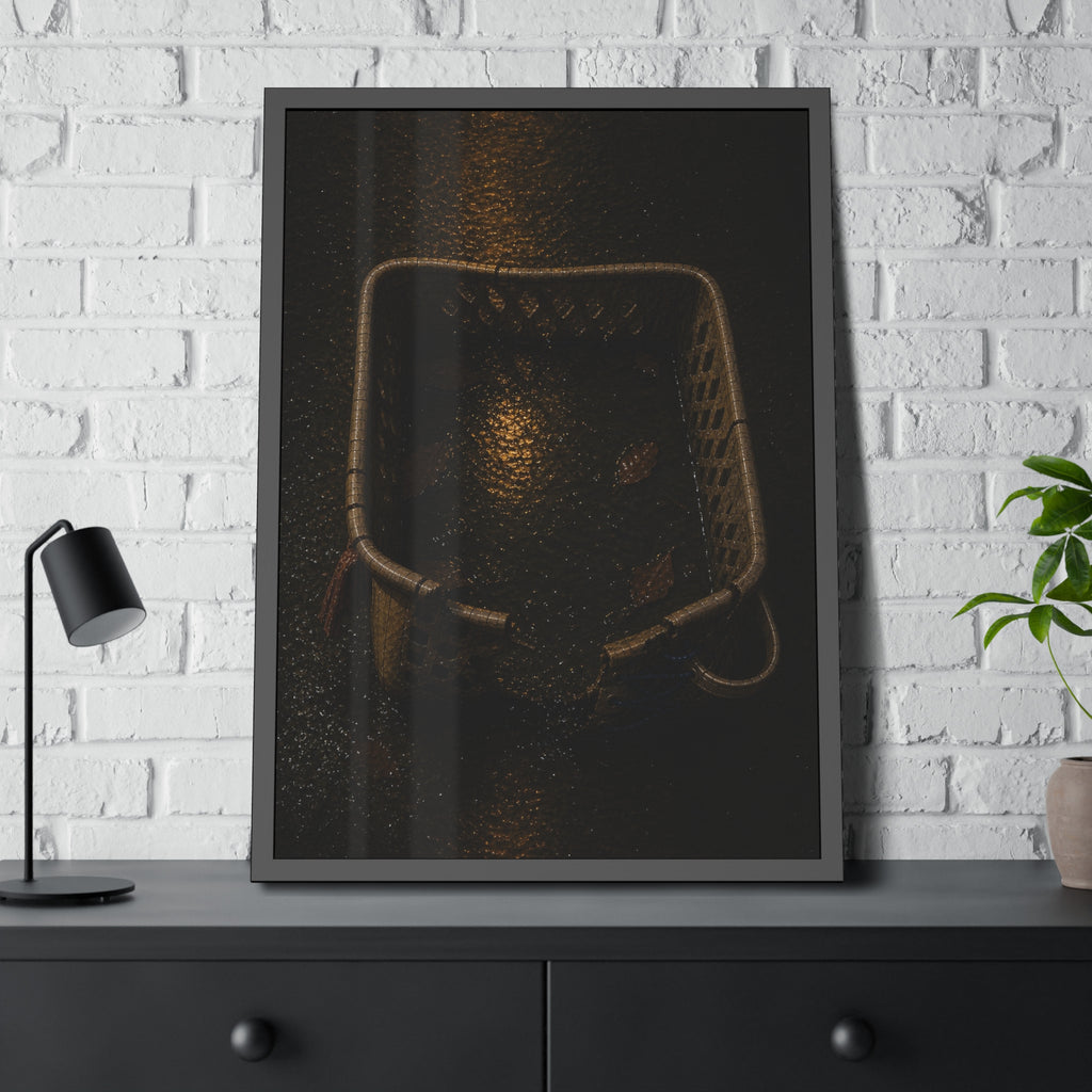 A cracked laundry basket holding rainwater and leaves on wet ground. The Basin of Rain (Laundry Basket) by Garabaggio, framed fine art print hanging in a room.