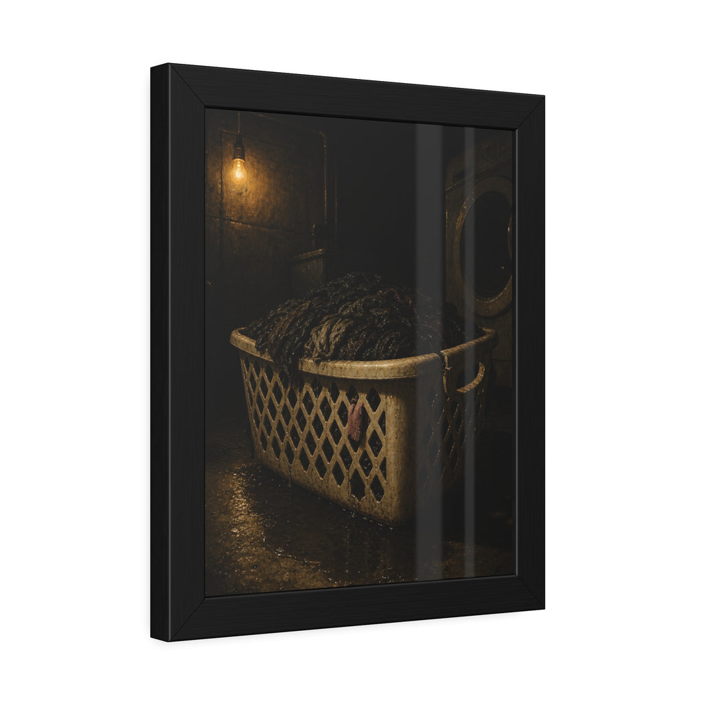 A laundry basket heaped with wet dark clothes under a bare bulb. The Burden of Wet Clothes by Garabaggio, framed fine art print hanging in a room.