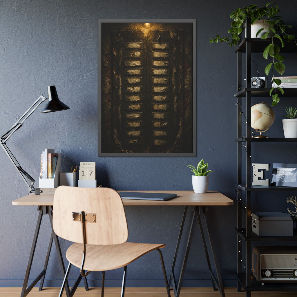 An apartment intercom panel with blank nameplates, lit from above. The Labels Removed by Garabaggio, framed fine art print hanging in a room.