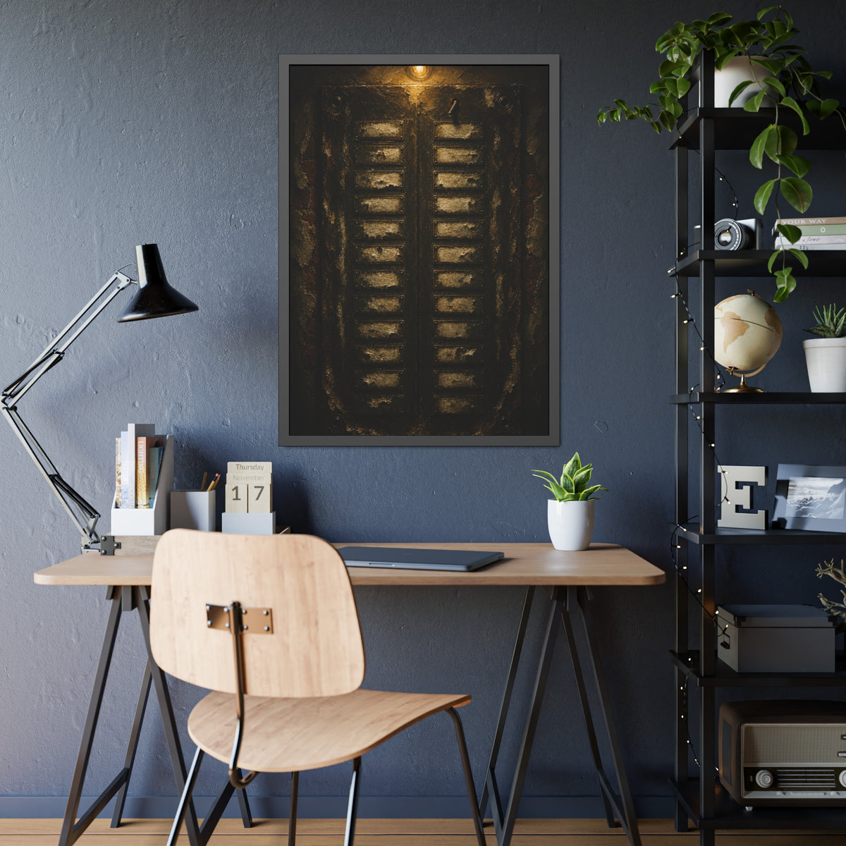 An apartment intercom panel with blank nameplates, lit from above. The Labels Removed by Garabaggio, framed fine art print hanging in a room.