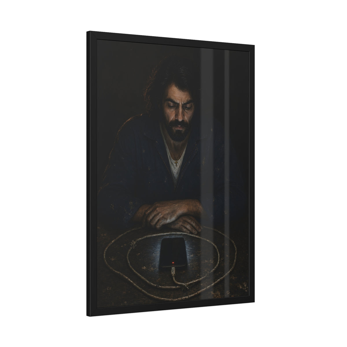 A bearded man at a table watching a phone charging inside a coiled cable. The Vigil of the Charging Cord by Garabaggio, framed fine art print hanging in a room.