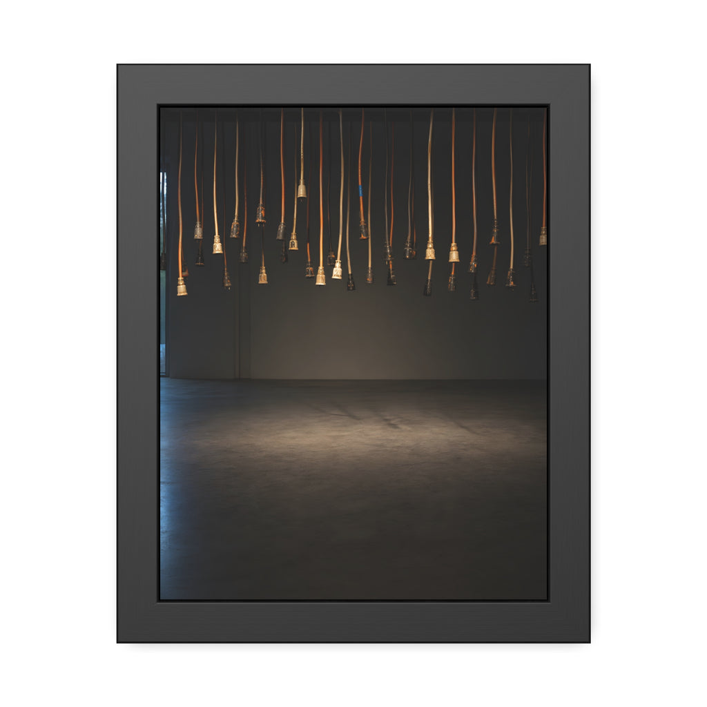 Extension cords hanging plug down from a ceiling in a dim room. All Ends, No Source by Garabaggio, framed fine art print, 11″ x 14″.