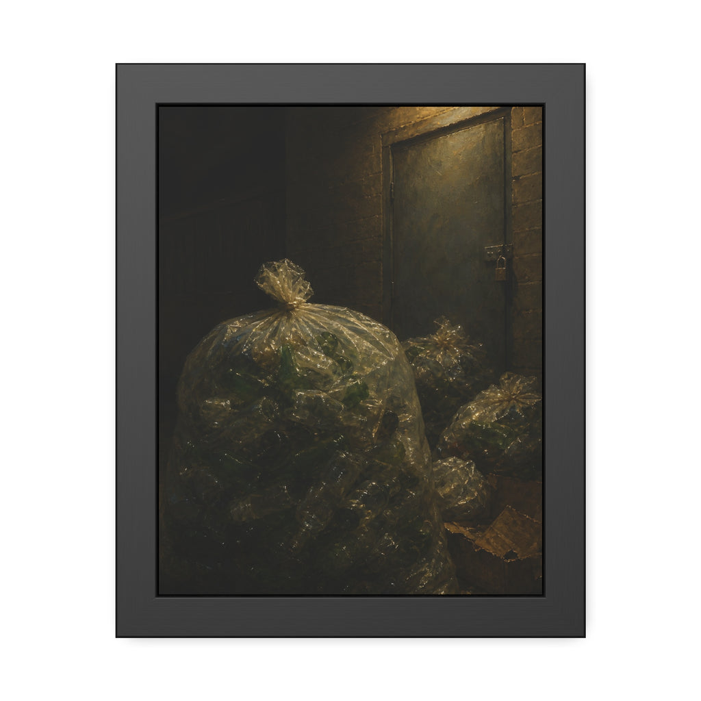 Clear bags of empty bottles piled by a padlocked door under a wall lamp. The Gathering of Empties by Garabaggio, framed fine art print, 11″ x 14″.