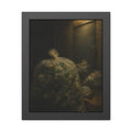 Clear bags of empty bottles piled by a padlocked door under a wall lamp. The Gathering of Empties by Garabaggio, framed fine art print, 11″ x 14″.