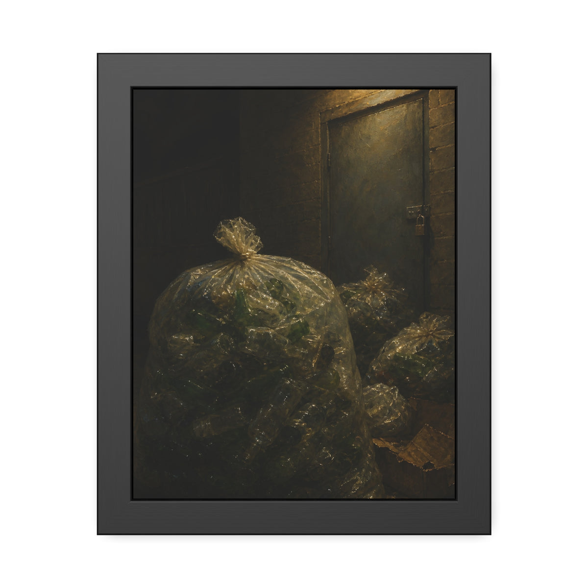 Clear bags of empty bottles piled by a padlocked door under a wall lamp. The Gathering of Empties by Garabaggio, framed fine art print, 11″ x 14″.