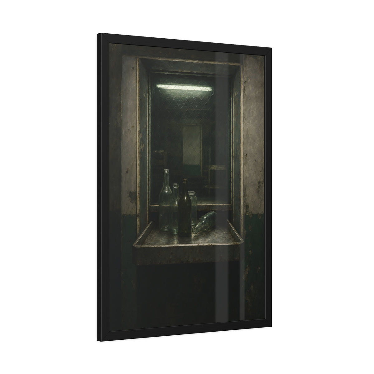 Empty glass bottles on a metal tray at a service window under a fluorescent tube. The Counting Window by Garabaggio, framed fine art print hanging in a room.