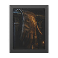 A leather glove draped over an iron railing, fingers hanging. The Repose of the Leather Glove, No. 1 by Garabaggio, framed fine art print, 11″ x 14″.
