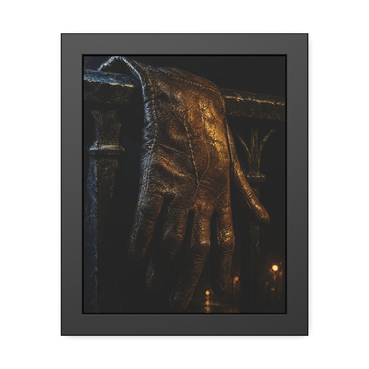 A leather glove draped over an iron railing, fingers hanging. The Repose of the Leather Glove, No. 1 by Garabaggio, framed fine art print hanging in a room.