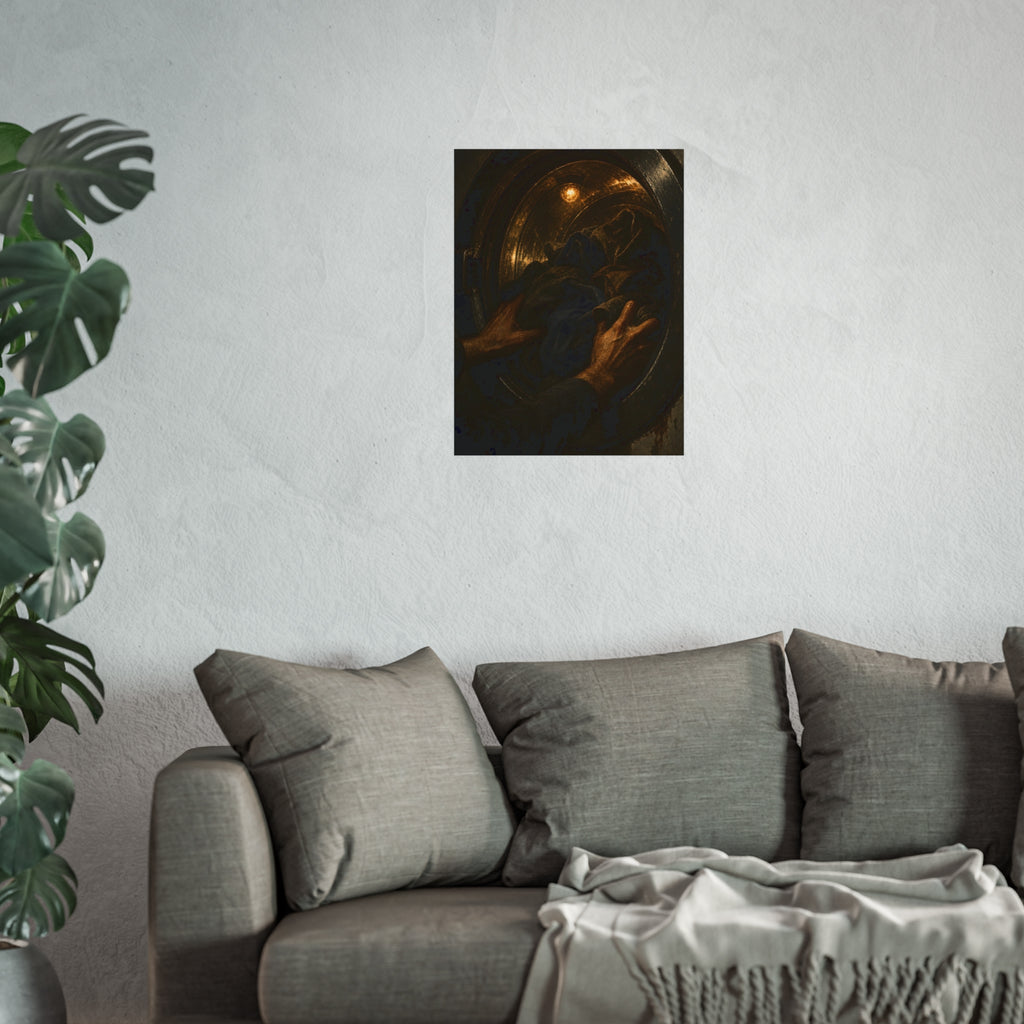 Two hands pushing dark laundry into a washer drum lit by a small bulb. The Loading of the Drum by Garabaggio, fine art print hanging in a room.