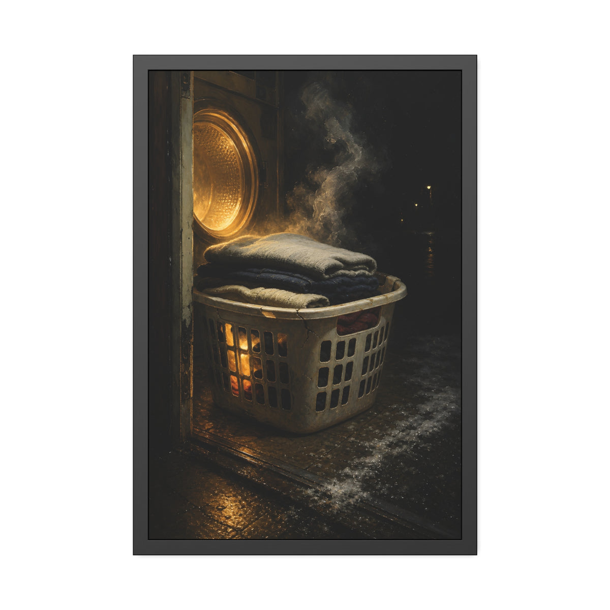 A laundry basket of folded clothes glowing in front of an open dryer. The Warm Clothes Against the Cold by Garabaggio, framed fine art print, 24″ x 36″.