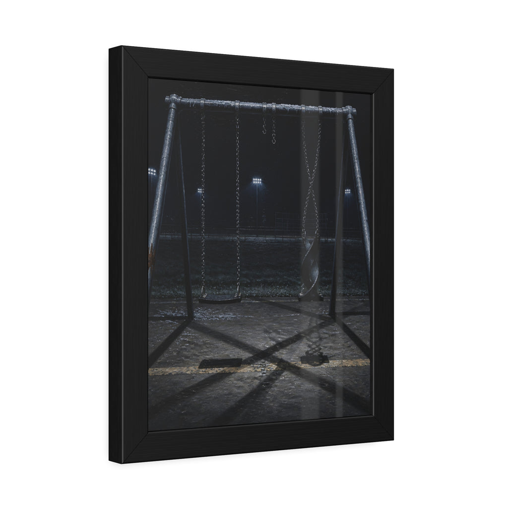 An empty swing set at night with one seat twisted up on its chains. The First Hour: The Twisted Seat by Garabaggio, framed fine art print hanging in a room.
