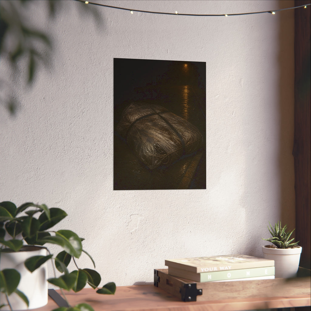 A mattress wrapped in plastic and strapped shut on a wet night street. The Municipal Shroud by Garabaggio, fine art print hanging in a room.