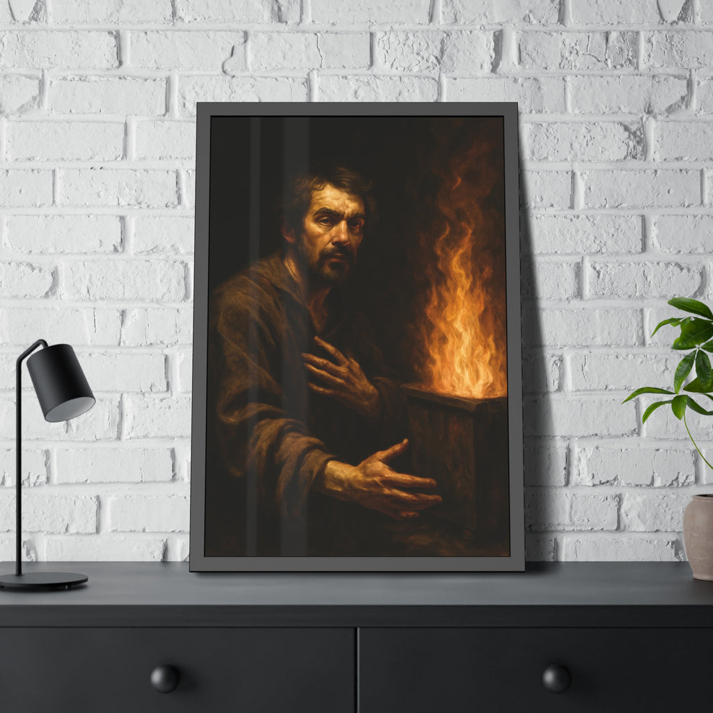 Bearded man with a hand on his chest beside flames rising from a bin. Self-Portrait as a Penitent by Garabaggio, framed fine art print hanging in a room.