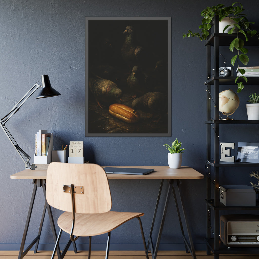 Pigeons crowding around a bread roll on dark stone paving. The Congregation at the Bun by Garabaggio, framed fine art print hanging in a room.
