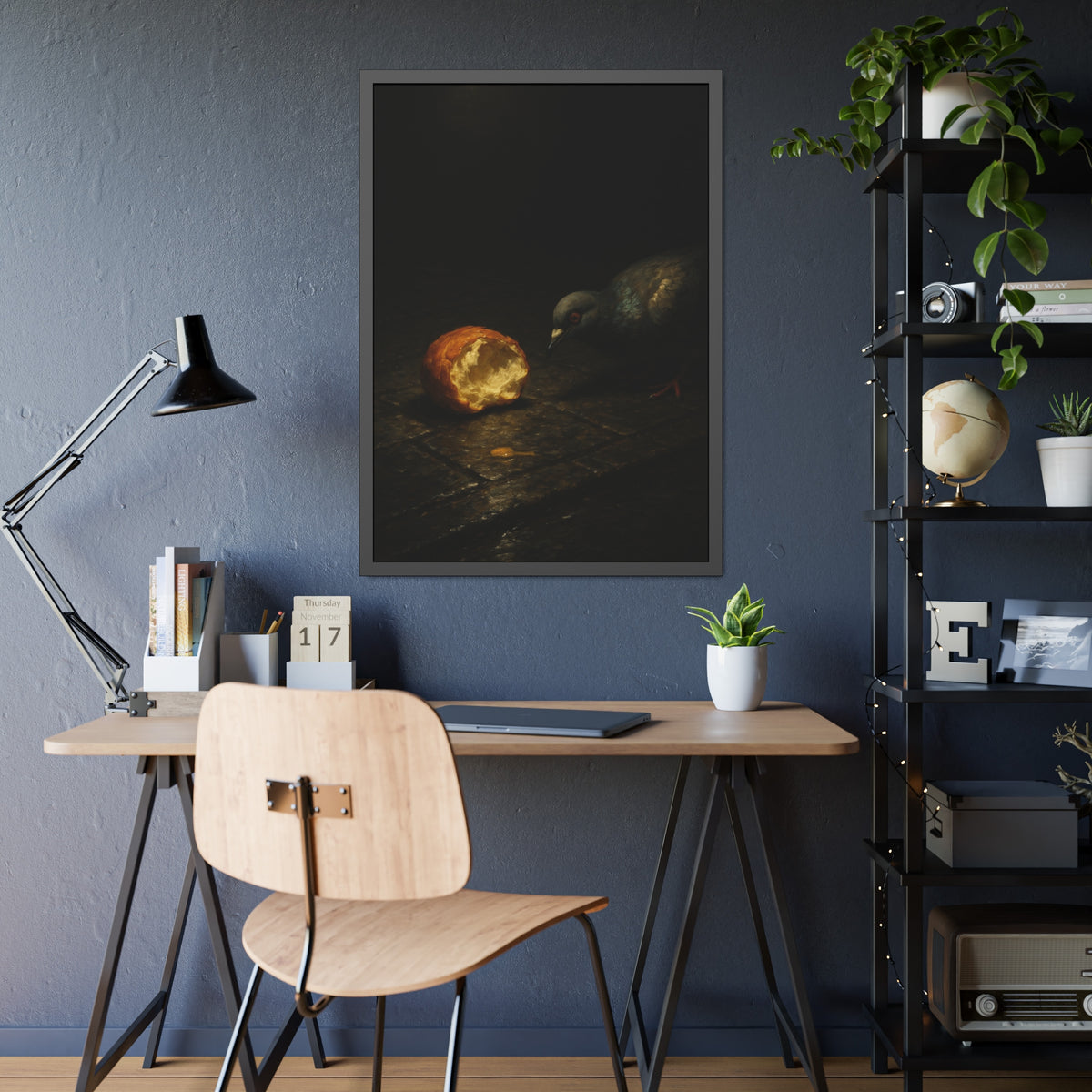 A pigeon leaning toward a torn bread roll on wet paving stones. The Offering of the Discarded Bun by Garabaggio, framed fine art print hanging in a room.