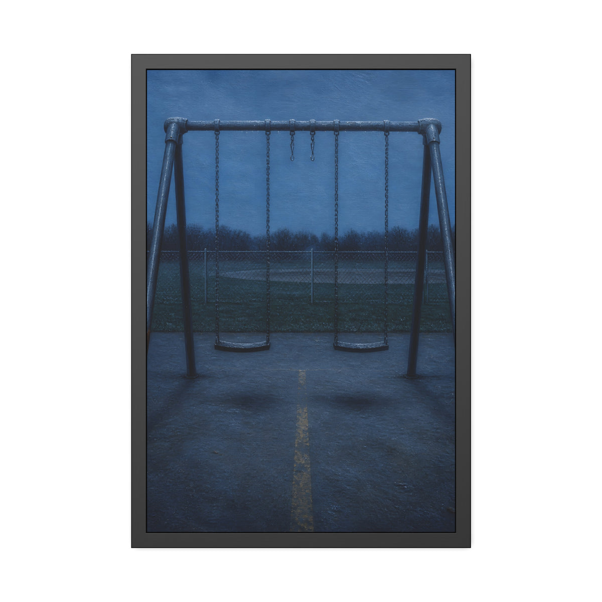 A swing set at dusk with two seats hanging straight. The Sixth Hour: The Seat Hanging Straight by Garabaggio, framed fine art print, 24″ x 36″.