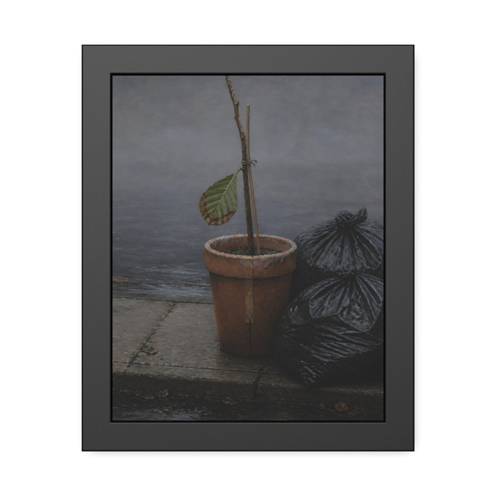 A potted dead twig with one leaf beside black garbage bags on a wet curb. The Curb on Tuesday by Garabaggio, framed fine art print, 11″ x 14″.