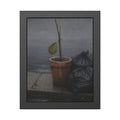 A potted dead twig with one leaf beside black garbage bags on a wet curb. The Curb on Tuesday by Garabaggio, framed fine art print, 11″ x 14″.