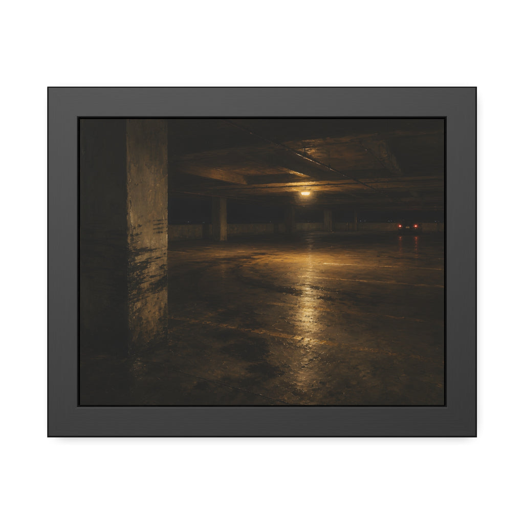 An empty concrete parking deck lit by one ceiling lamp, tail lights beyond. The Parking Garage, Level 4 by Garabaggio, framed fine art print, 14″ x 11″.