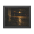An empty concrete parking deck lit by one ceiling lamp, tail lights beyond. The Parking Garage, Level 4 by Garabaggio, framed fine art print, 14″ x 11″.