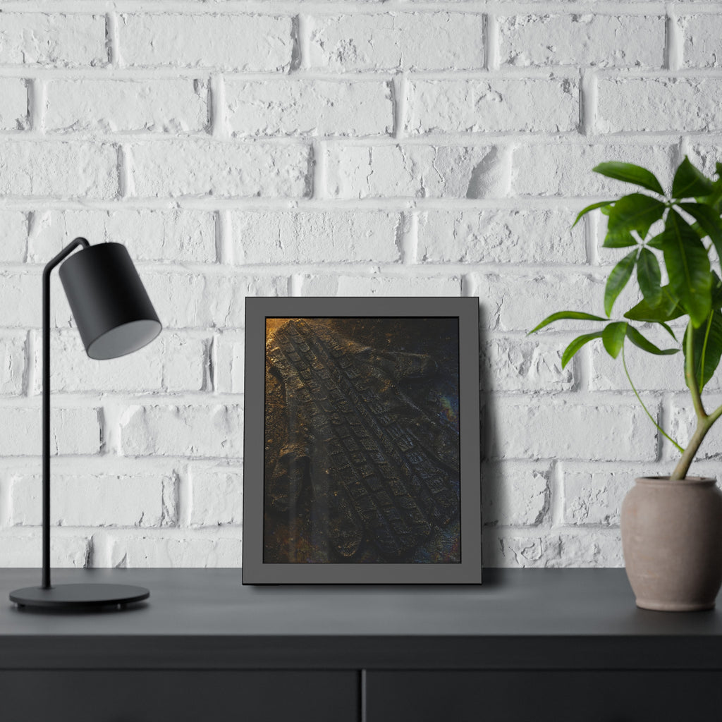 A flattened work glove on asphalt with a tire tread pressed across it. The Passage of the Wheel by Garabaggio, framed fine art print hanging in a room.