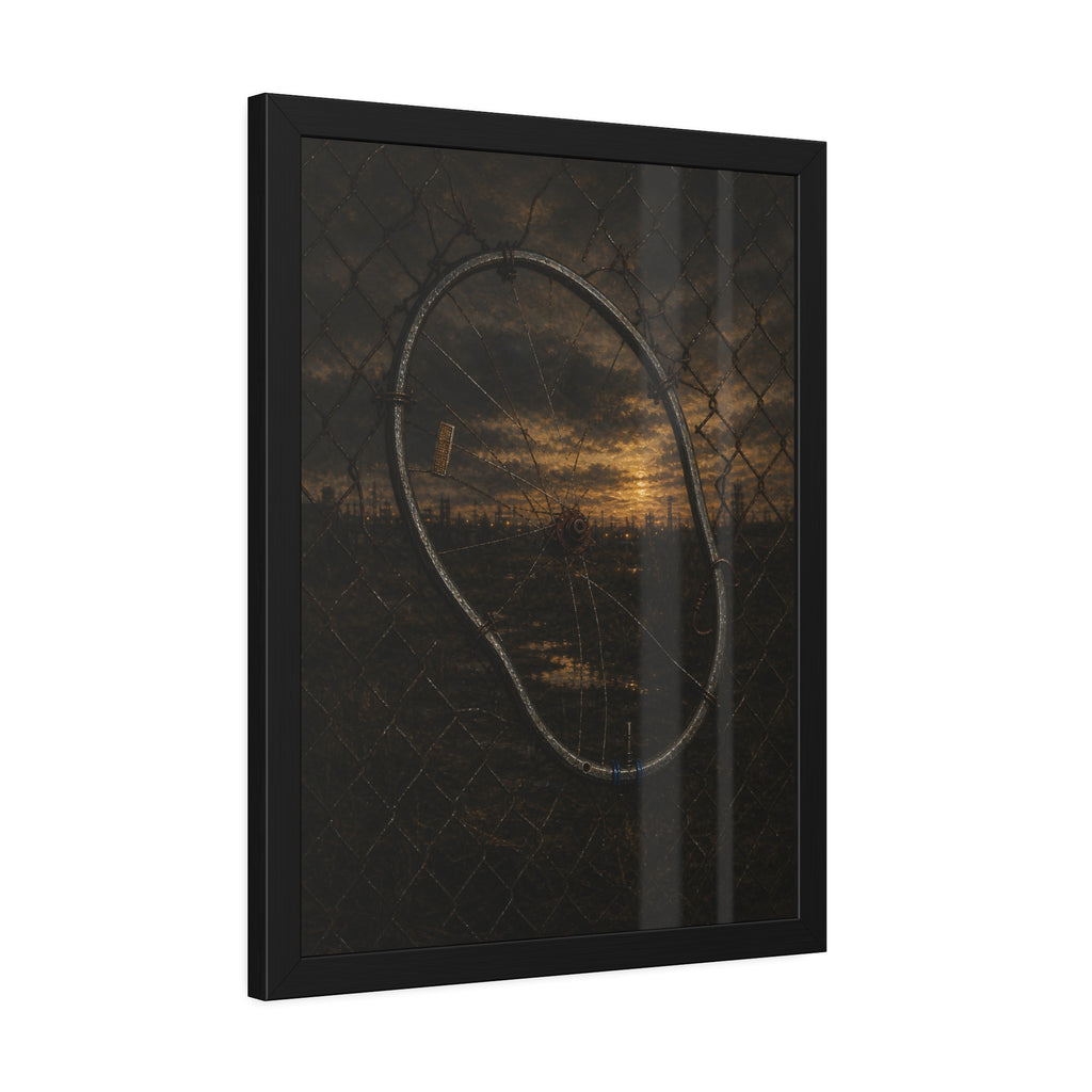A bent bicycle wheel woven into a chain link fence against a dim sunset. The Fence Repair by Garabaggio, framed fine art print hanging in a room.