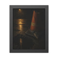 A traffic cone beside a water filled pothole reflecting a street lamp. The Sentinel of the Pothole by Garabaggio, framed fine art print, 11″ x 14″.