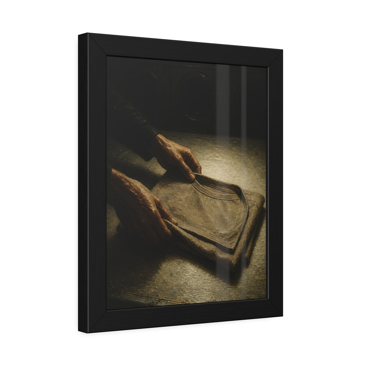Two hands folding a shirt on a laundromat table with washers behind. The Folding at Two A.M by Garabaggio, framed fine art print hanging in a room.