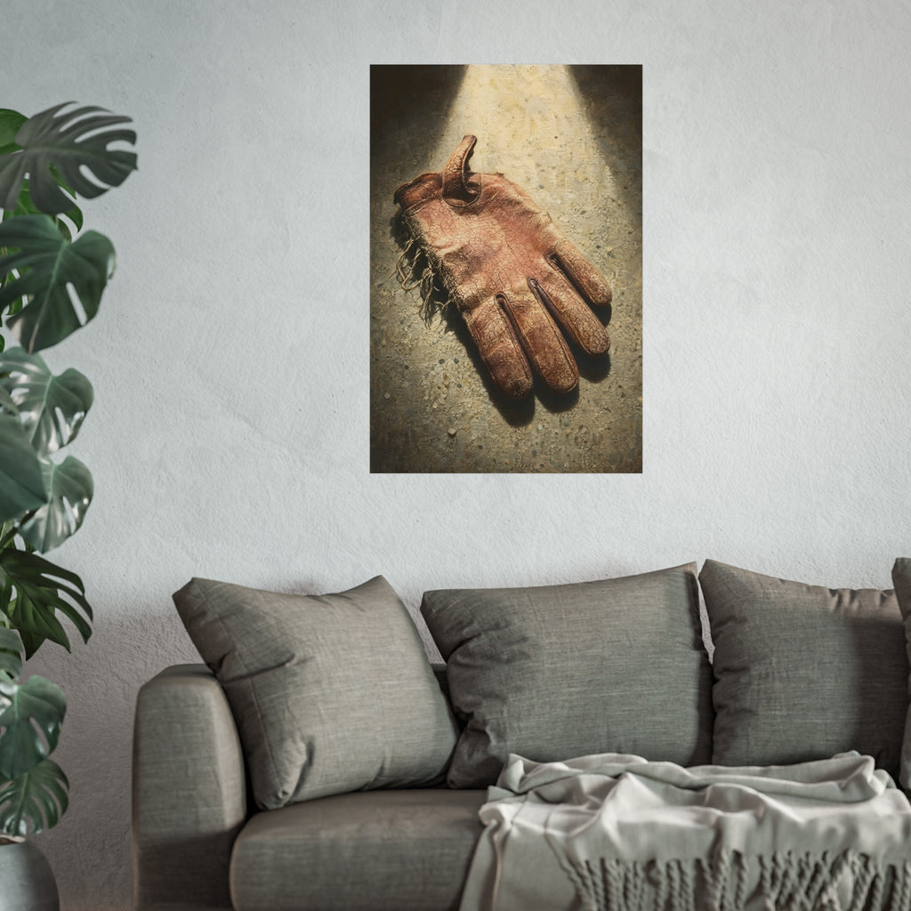 A cracked leather work glove lying on bright sunlit concrete. The Bleaching, Study of a Sun-Tired Glove by Garabaggio, fine art print hanging in a room.