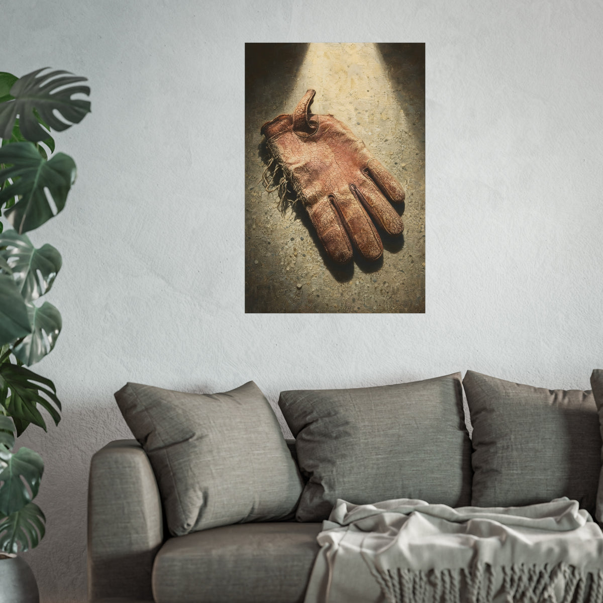 A cracked leather work glove lying on bright sunlit concrete. The Bleaching, Study of a Sun-Tired Glove by Garabaggio, fine art print hanging in a room.