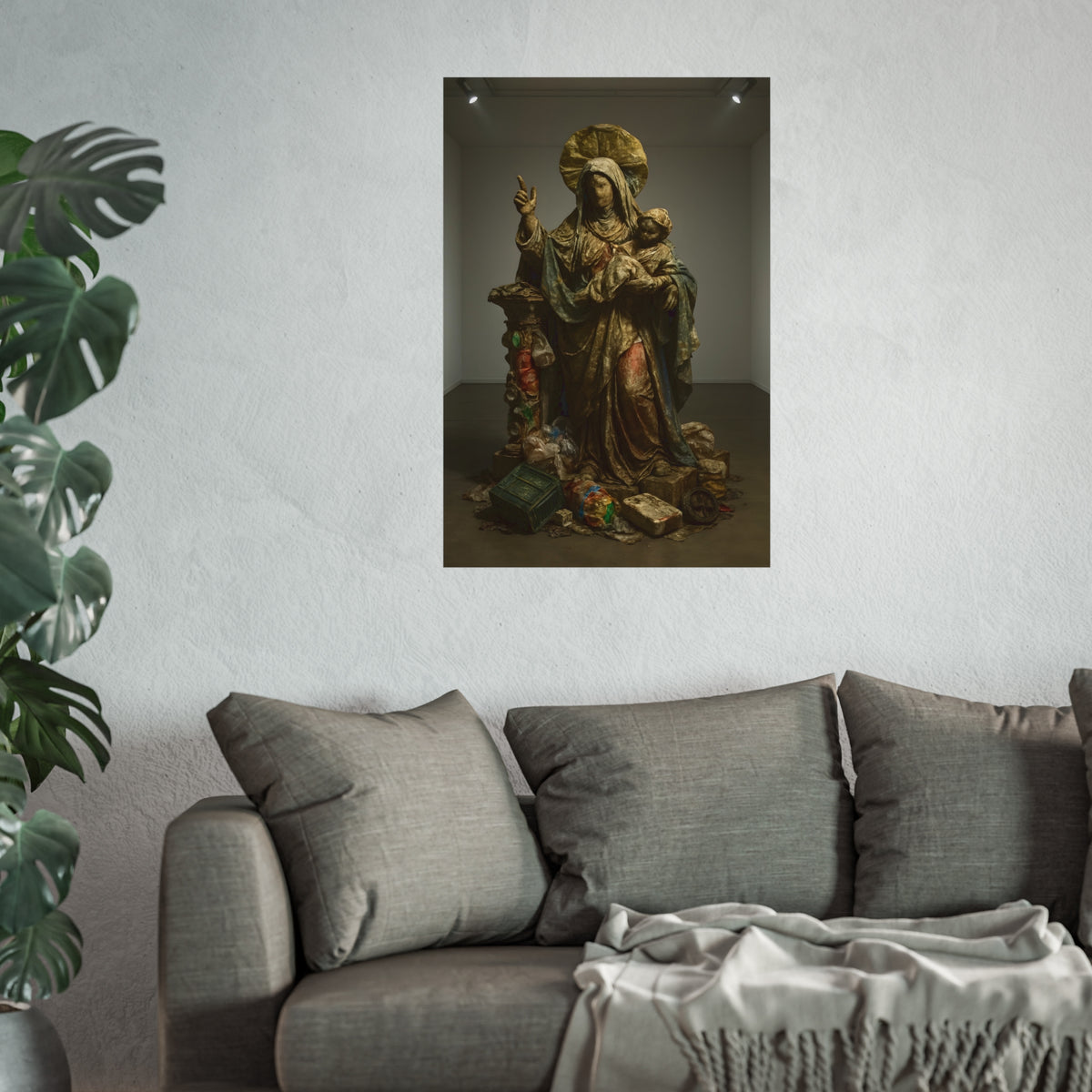 A standing veiled figure holding a child, refuse piled around the base. The Virgin of the Landfill by Garabaggio, fine art print hanging in a room.