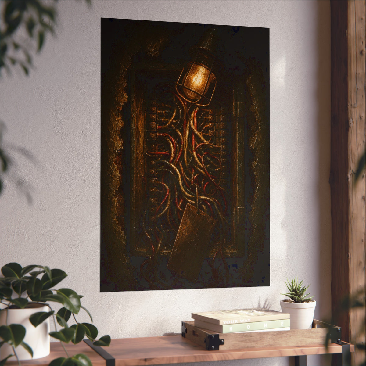 An open intercom box crowded with red and white wires under a bare bulb. The Wires Behind Names by Garabaggio, fine art print hanging in a room.